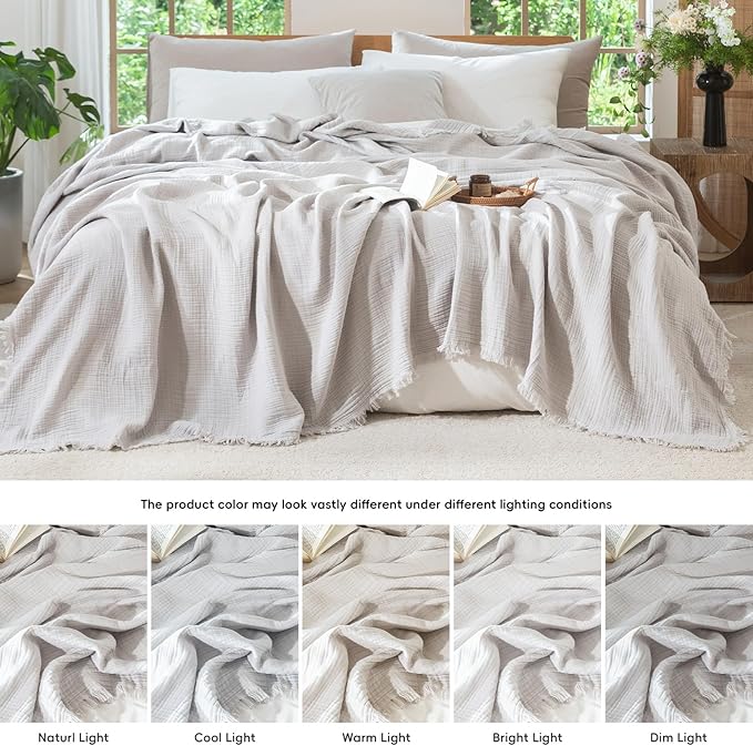 MooMee Muslin Blanket - 100% Cotton 4-Layer Gauze Throw Blanket with All-Around Fringe, Ultra-Soft Breathable Lightweight Cooling Decorative for Bed, Sofa & Couch (Light Grey,Twin XL 66" x 90")