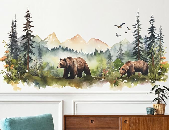 Large Jungle Animals Wall Decals Forest Tree Wall Decal Peel and Stick Woodland Bear Fox Deer Wall Stickers Giant Mountain Art for Bedroom Nursery Room FX-C432
