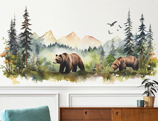 Large Jungle Animals Wall Decals Forest Tree Wall Decal Peel and Stick Woodland Bear Fox Deer Wall Stickers Giant Mountain Art for Bedroom Nursery Room FX-C432