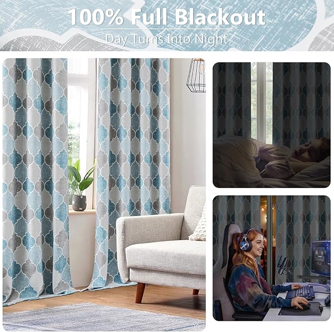 Gray Blue 100% Blackout Curtains 95 Inches Long for Living Room Bedroom Moroccan Trellis Print Window Treatments Panels Room Darkening Thermal Insulated Grommet Top Drapes, 52x95 2 Panels