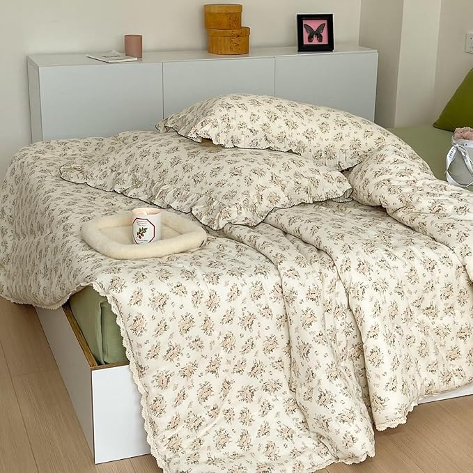 BuLuTu Shabby Chic Toddlers Kids Teens Quilt for Full/Queen Bed, Reversible Pink Floral Comforter with Lace Edges, Muslin Cotton Quilted Blanket 79"x90", Peony Pattern, No Pillowcase