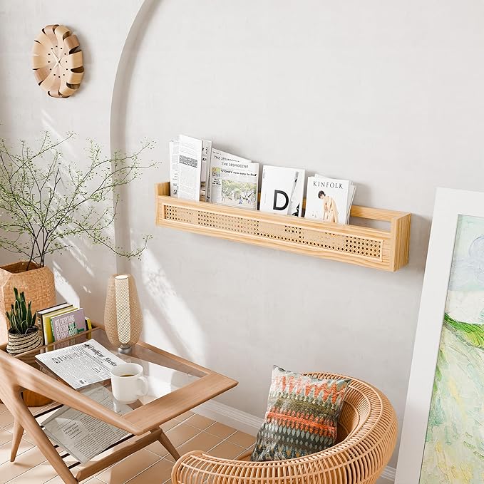 Wood and Rattan Wall Shelf - 36'' Nursery Floating Shelves for Storage, U-Shape Natural Pine Wood Wicker Shelf | Boho Decorative Shelves for Neutral Nursery Decor, Living Room, Bedroom