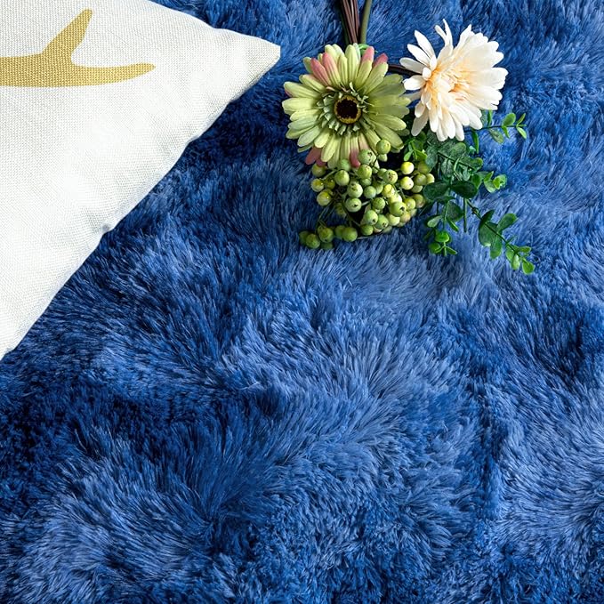 DweIke Fluffy Navy Blue Shag Rugs for Bedroom Living Room, 8x10 Large Soft Plush Tie-Dyed Dark Blue Girls Boys Kids Rug, Non-Slip and Machine Washable Carpet for Dorm Nursery Classroom Decor
