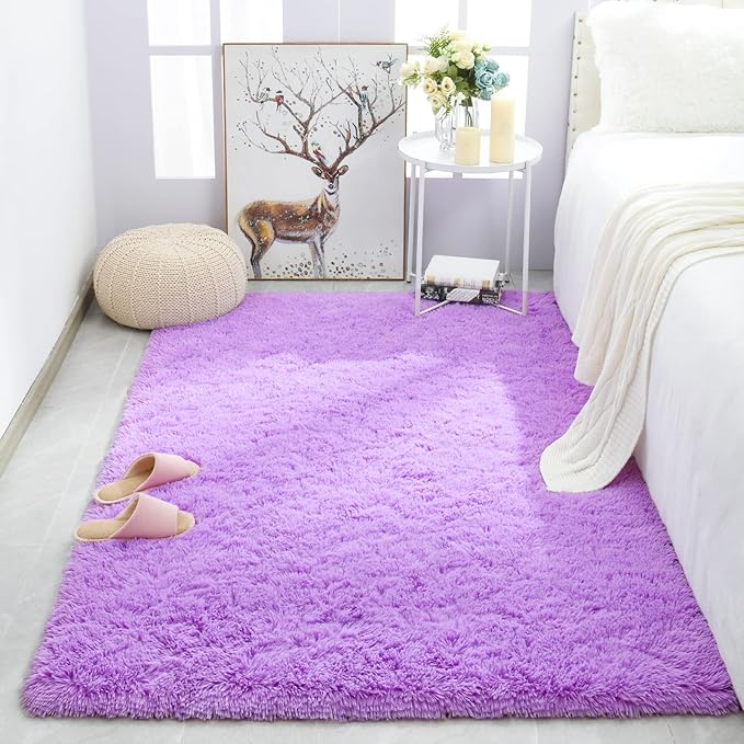 Merelax Modern Soft Fluffy Large Shaggy Rug for Bedroom Livingroom Dorm Kids Room Indoor Home Decorative, Non-Slip Plush Furry Fur Area Rugs Comfy Nursery Accent Floor Carpet 4'x6' Purple