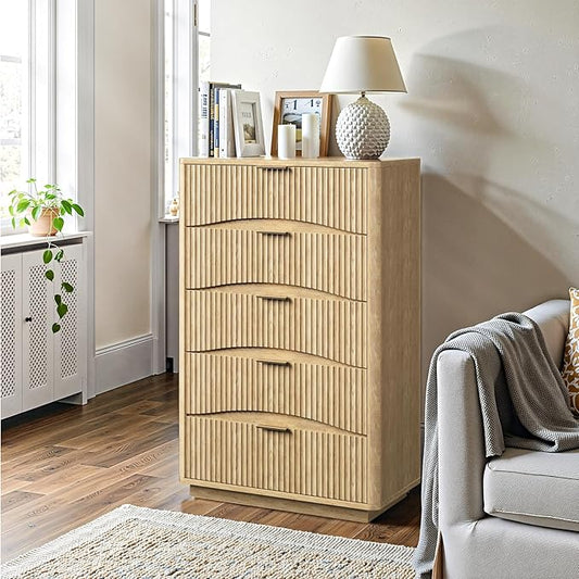 Evermagin Fluted 5 Drawers Dresser, 47" Tall Wooden Dressers Storage Organizer,Modern Chest of Drawers for Bedroom with Deep Storage, Living Room,Entryway, Natural Oak