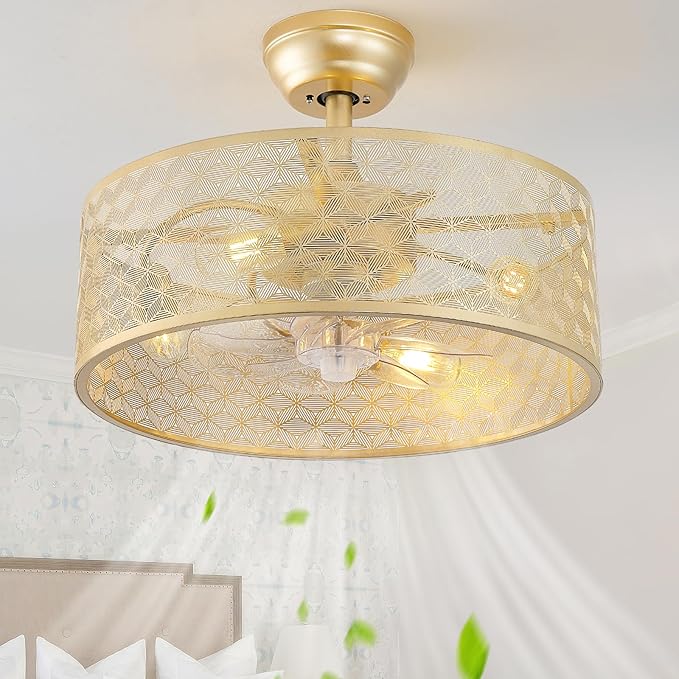 20" Boho Ceiling Fans with Lights, Gold Fandelier Ceiling Fan with Light Remote Control with Caged 6 Speeds for Bedroom, Nursery, Living Room