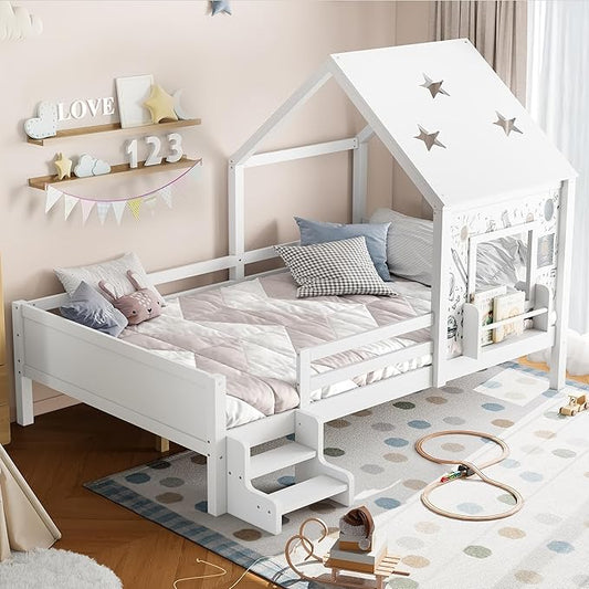 Bellemave Full House Bed with Rails or guardrails and Bookcase, Wooden Full House Shape Platform Bed for Boys, Girls, Teens, White