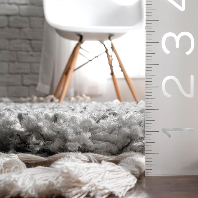 nuLOOM Brooke Shag Tasseled Area Rug - Oval 6'7" x 9' Shag Area Rug Casual Grey/Ivory Rugs for Living Room Bedroom Dining Room Nursery