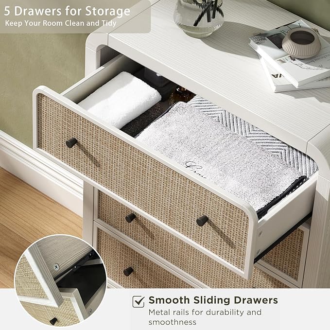 Oak&Sparrow 5 Drawer Tall Dresser for Bedroom, 47'' Rattan Dresser with Ample Storage, Boho Chest of Drawers, Thickened Curved Profile Design, Oak Dressers for Bedroom, Living Room