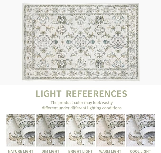 6x9 Washable Area Rugs Beige and Sage Green Vintage Boho Floral Farmhouse Rug for Living Room Bedroom, Non Slip Low Pile Carpet