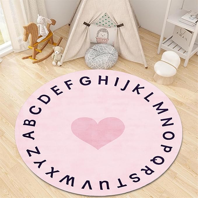 Super Soft Pink Round Rug,3.3ft,Children's ABC Letter Educational Learning Rug, Non-Slip Washable Nursery Rug, Children's Crawling Play Mat, Suitable for Boys And Girls Bedroom Playroom Decoration