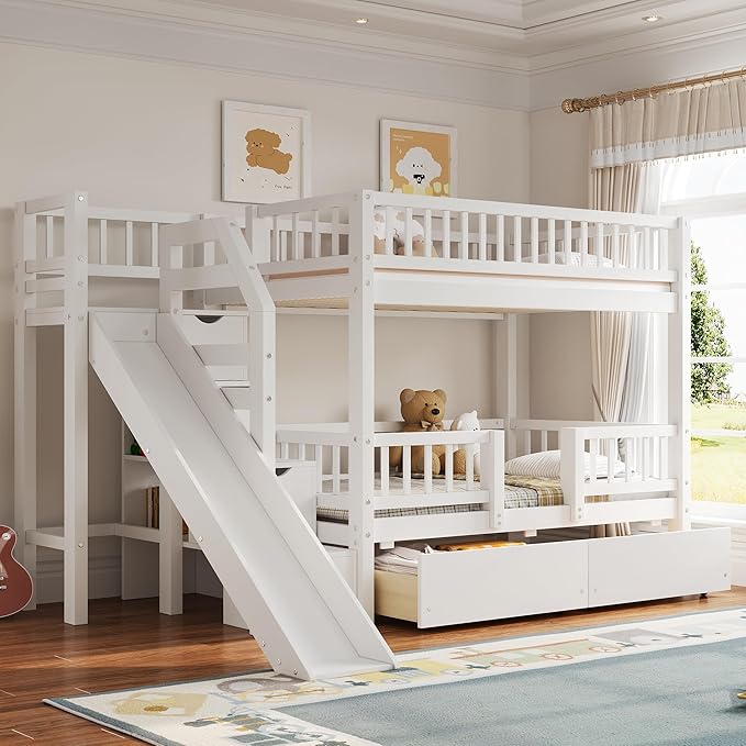 Twin Over Twin Bunk Bed with Storage Staircase, Solid Wood Bunk Bed Frame with Slide and 2 Drawers for Kids Teens Adult Bedroom, No Box Spring Needed (White/63r)