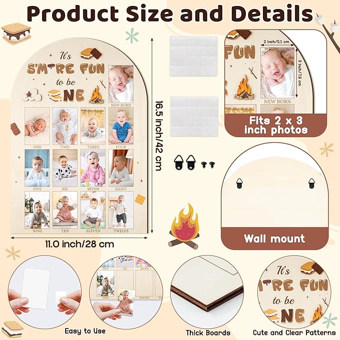 R HORSE My First Year Photo Display Wood Board - 3D S'mores Baby's First Year Picture Frame, 12 Months Camping Campfire Milestone Board Baby Keepsake Gift 1st Birthday Nursery Decor for Boy Girl