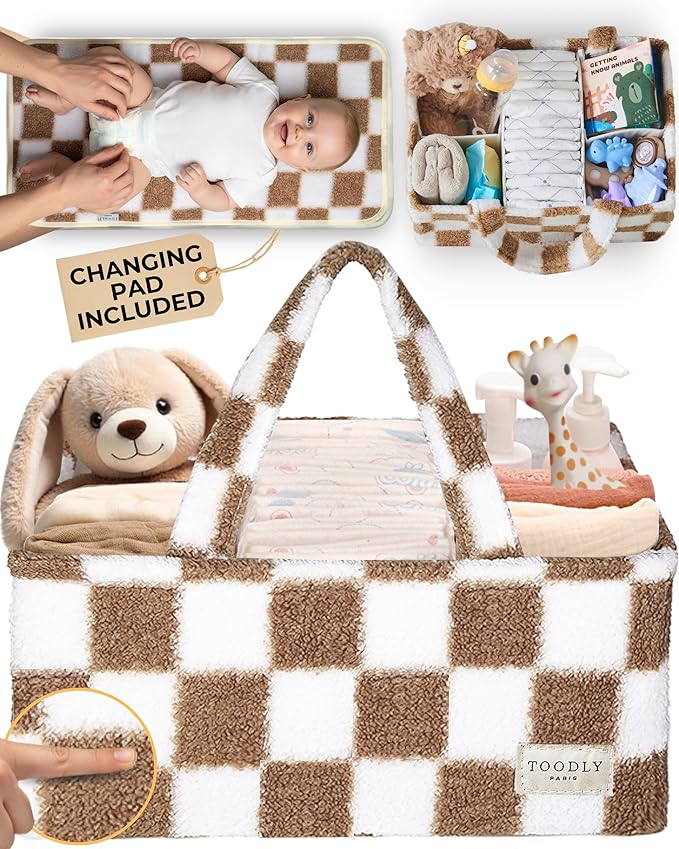 Checkered Diaper Caddy Organizer with Portable Changing Mat - Teddy Fleece Diaper Organizer for Changing Table - Caddy Organizer with Removable Dividers - Light Taupe and White