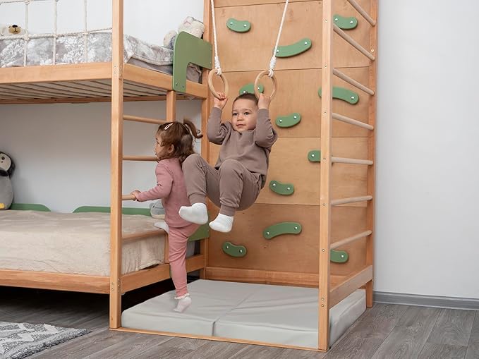 2-in-1 Bunk Bed with Desk and Toddler Jungle Gym Indoor for Home Activities, Made in Europe 75 x 38 Bunkbed with Storage Baskets, 3 Colors Space Saving Montessori Floor Bed Combined with Jungle Gym