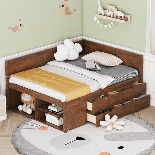 Full Size Daybed with 4 Storage Drawers and Shelves, Wooden Full Platform Bed Frame with L-Shaped Headboard and Slats Support, Corner Bed Full Captain Beds for Kids Boys Girls Teens, Walnut