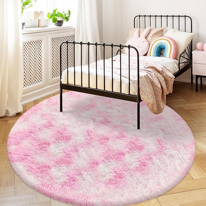 5 ft Pink Fluffy Round Rugs for Girls Bedroom,Plush Circle Area Rugs for Living Room Cute Shaggy Circular Carpet Furry for Dorms Nursery Rooms Kids Unicorn Room Decor Aesthetic Baby Play Mat