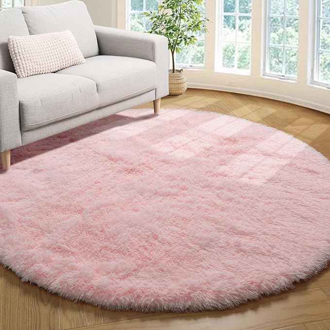 ONASAR Light Pink Round Area Rugs 2ft for Bedroom Living Room, Fluffy Cat Dog Bed Mat, Washable Circle Rug for Kids Girls Boys Teen, Soft Plush Shaggy Carpet for Nursery Dorm Home Decor Aesthetic