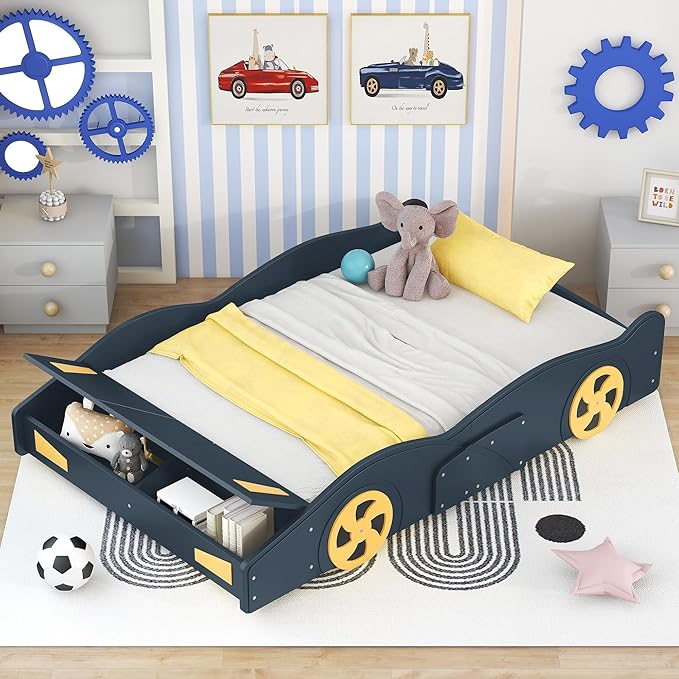 Full Size Race Car-Shaped Platform Bed with Wheels and Storage,Wood Car Bed Frame W/Guardrails,No Box Spring Required,for Boys Toddlers Kids Child's Bedroom,Dark Blue+Yellow