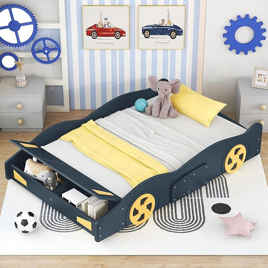 Full Size Race Car-Shaped Platform Bed with Wheels and Storage,Wood Car Bed Frame W/Guardrails,No Box Spring Required,for Boys Toddlers Kids Child's Bedroom,Dark Blue+Yellow