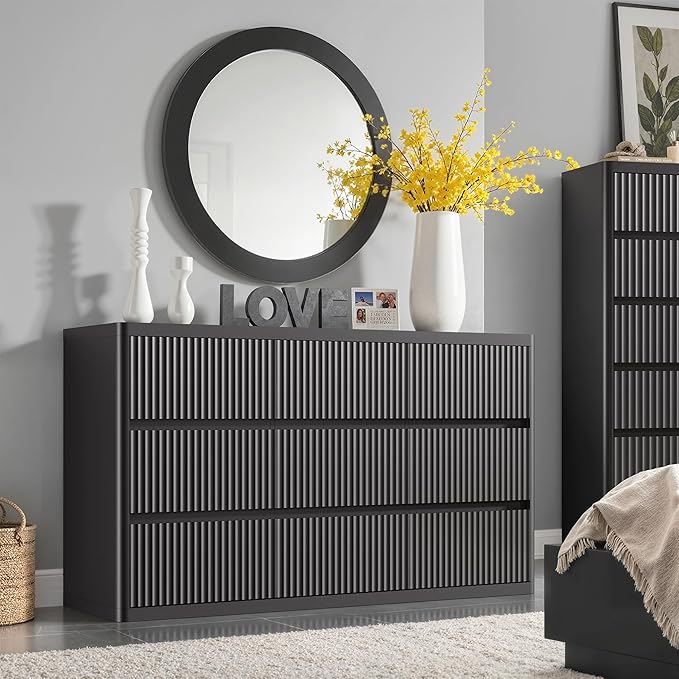 Black 9 Drawers Dresser, 57" Wide Fluted Dresser for Bedroom, Modern Chest of Drawers with Curved Profile, Handleless, Wooden TV Stand with Organizer Storage for Living Room, Entryway