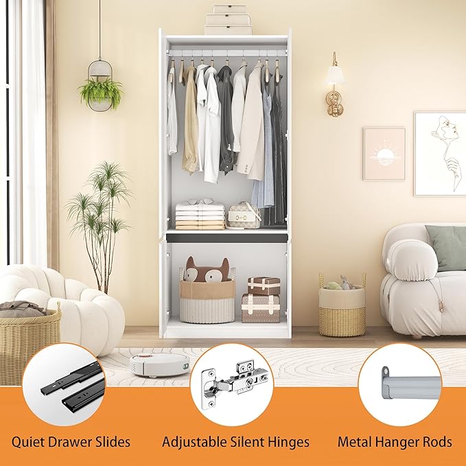 Armoire Wardrobe Closet with Doors: 75" White Large Wardrobe Closet with 2 Doors, Clothes Cabinets for Bedroom Armoires with Storage, Wood Wardrobes Closets for Hanging Clothes (C-Style, 31.5")