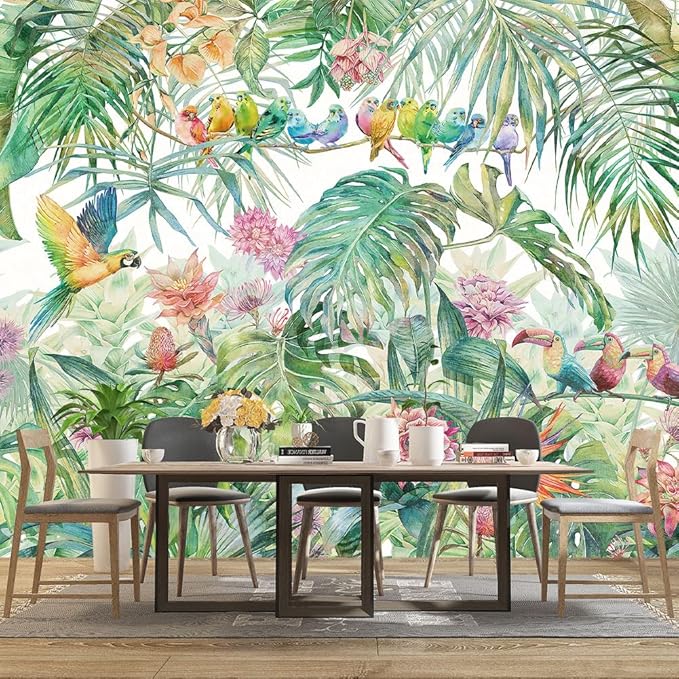 Tropical Green Botanical Flower Birds Leaf Wallpaper Bedroom Plant Floral Mural Room Decor Living Room tv Background Large Wall Mural - 137"x96" (Not Peel and Stick)