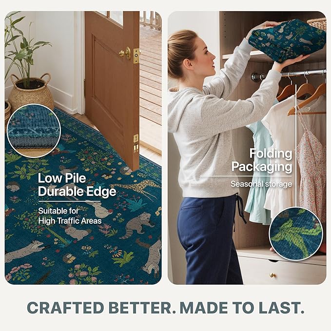 Washable Rugs 8x10 Rug for Living Room,Floral Animal Print Area Rug, Non Slip Low Pile Carpet for Bedroom, Dining Room, Nursery,Playroom, Midnight Blue