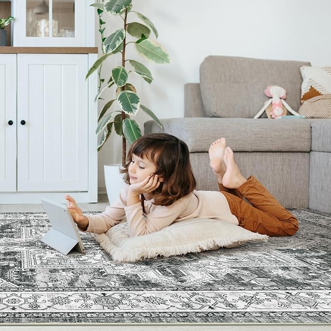 WITSHOCK Living Room Area Rugs 4x6: Washable Rug Boho Soft Non-Slip Low Pile Stain Resistant Foldable Carpet for Bedroom Playroom Dining Room Office Kitchen Farmhouse Home Decor Rug-Gray