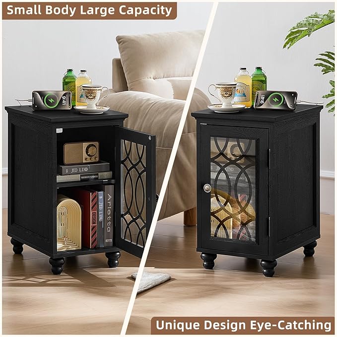 Narrow Side Table with Charging Station, Night Stand with Glass Door, Bedside End Tables with Adjustable Shelf Storage Cabinet,Wood Nightstand for Small Spaces Living Room Bedroom