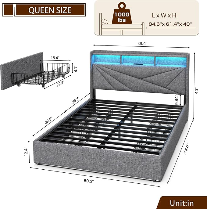 LED Queen Bed Frame with 4 Storage Drawers, Upholstered Bed Frame Queen Size with 2-Tier Headboard and Charging Station, No Box Spring Needed, Easy to Assembly - Light Grey