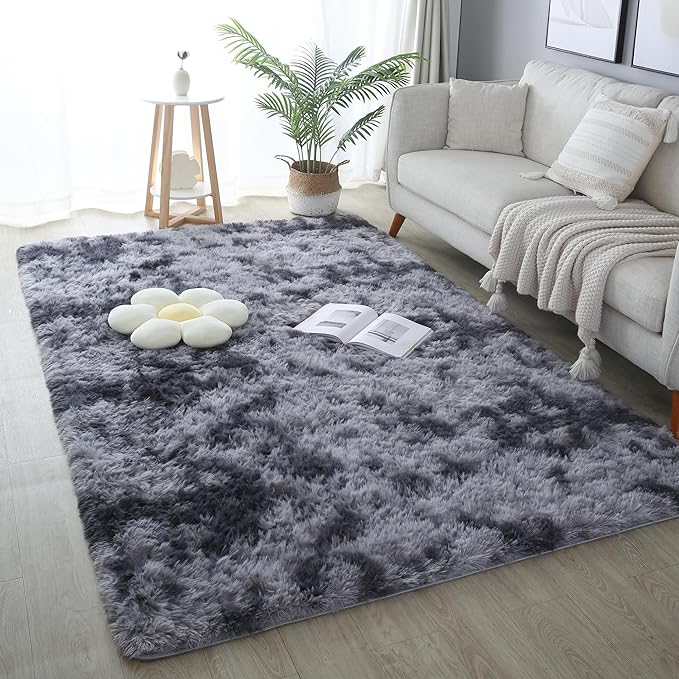 6x9 Dark Grey Fluffy Shag Rug for Bedroom Living Room, Ultra Soft Plush Fuzzy Washable Non Slip Floor Cozy Carpet, Modern Comfy Shaggy Large Area Rug for Kids Baby Nursery Dorm, Tie-Dye Gray