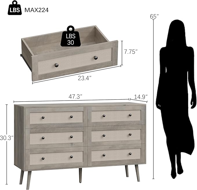 Rattan Dresser for Bedroom, Grey 6 Drawer Dressers & Chest of Drawers, Boho Dresser with Handles Wood Chests Storage Organizer Farmhouse Dressers for Closet, Hallway, Office