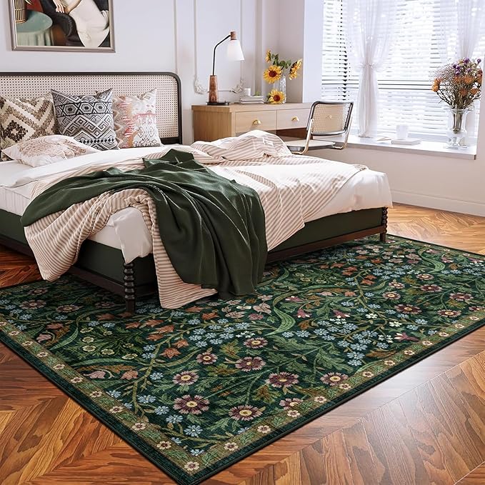 5x7 Washable Area Rug for Living Room, Floral Non-Slip Non-Shedding & Easy Care, Soft Low Pile Forest Boho Indoor Floor Carpet for Living Room, Bedroom, Farmhouse, Dining Room, Kids Playroom, Green