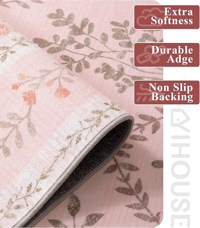 YIHOUSE 6x9 Washable Rug for Bedroom, Pink Floral Rugs for Living Room Non Slip Ultra-Thin Large Boho Rug for Kids Playroom, Classroom, Girls Dorm, Nursery, Pink Multi