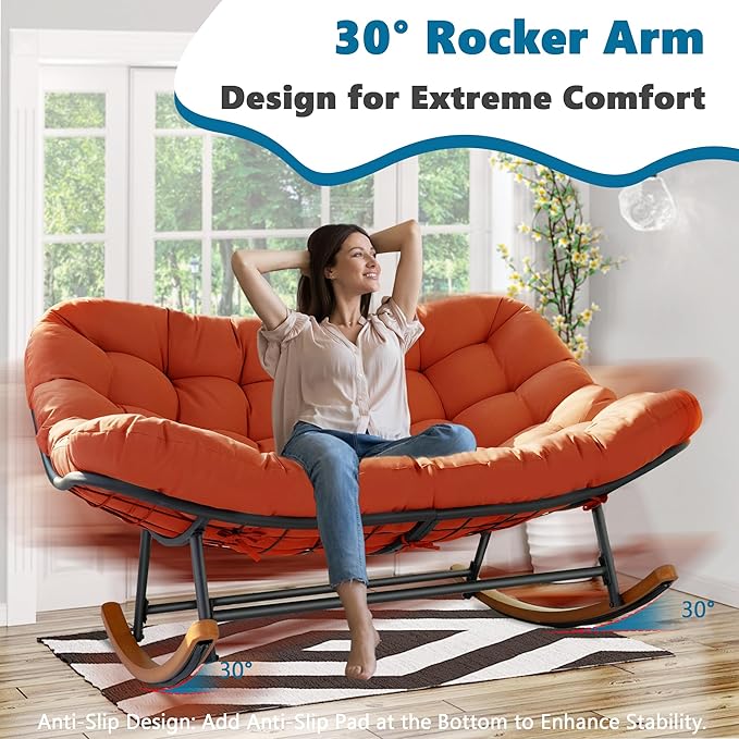 Double Papasan Rocking Chair Outdoor & Indoor, Oversized Rocking Reclining Loveseat with Thick Cushion and Frame, 660LBS Capacity Rocking Egg Chair for Patio Porch Living Room, Red