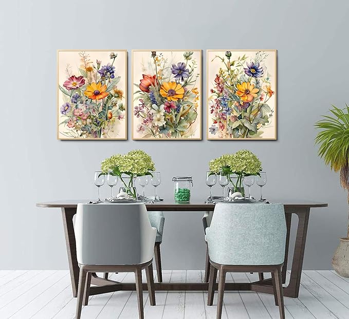 3Pcs Watercolor Wildflower Wall Art Colorful wildflowers Paintings Pictures Watercolor Floral Botanical Canvas Prints Wall Decor Bright floral posters for Living Room Bedroom Home Decoration Unframed