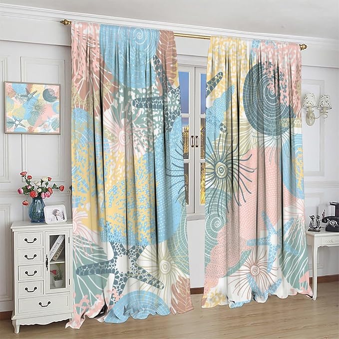 Nautical Blackout Curtain Beach Theme Starfish Seashell Nautical Rustic Ocean Sea Vintage Retro Coastal Summer Bedroom Set 2 Panels,63x63 Inches
