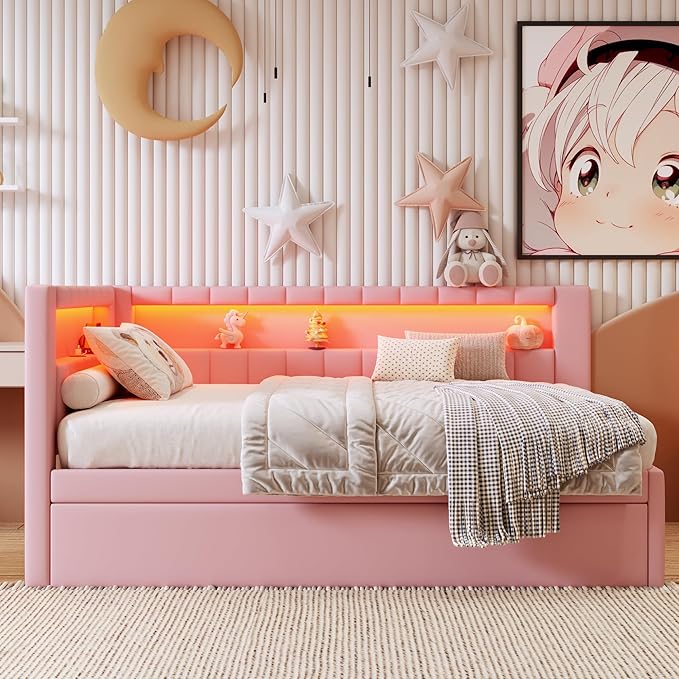 Full Size Soft Daybed with Trundle, Storage Shelves and LED Belt, Linen Upholstered Corner Bed with L-Shaped Bookshelf Headboard and USB Charger for Kids Boys Girls, Pink