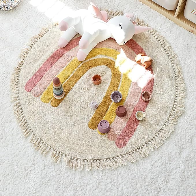 Rainbow Tassels Soft Area Rug for Girls Kids Room Washable Artificial Wool Bedroom Living Room, Kid Round Carpet Rainbow Pattern, Non-Slip Indoor Floor Carpet Home Decor, 5 Feet