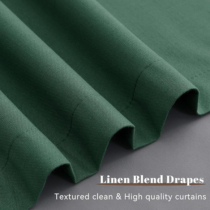 Green Linen 100% Blackout Curtains for Living Room 90 Inch Length 2 Panels Set Modern Room Darkening Thermal Insulated Soundproof Curtain for Bedroom Patio Door Back Tab Hook Belt 52x90