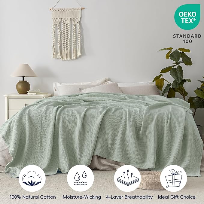 PHF 100% Cotton Muslin Blanket Twin XL Size 66"x90", 4-Layer Lightweight Gauze Throw, Breathable Cloud-Soft Minimalist Blanket for Bed, Couch, Camping & Baby, Sage Green, Ideal Gift