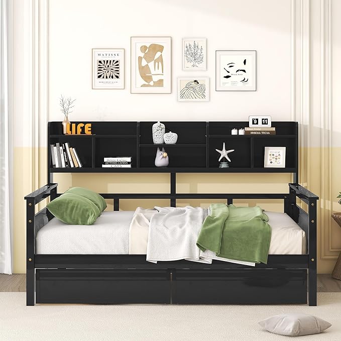 Harper & Bright Designs Full Daybed with Storage, Wooden Full Size Bed Frame with Bookcase Headboard and 2 Drawers, Full Sofa Bed with Shelves for Living Room Bedroom, No Box Spring Need, Espresso