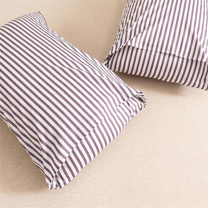 JELLYMONI 100% Natural Cotton 3pcs Striped Duvet Cover Sets,White Duvet Cover with Purple Stripes Pattern Printed Comforter Cover,with Zipper Closure & Corner Ties(Full Size)