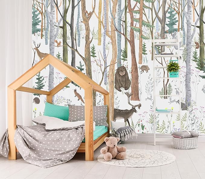 XMPMBM-Cartoon Hand-Painted Animals Woodland Nursery Room Fabric Wallpaper Graffiti Pine Forest Kids Gaming Room Wall Mural-W 154" X H 105"（112 Square Foot）