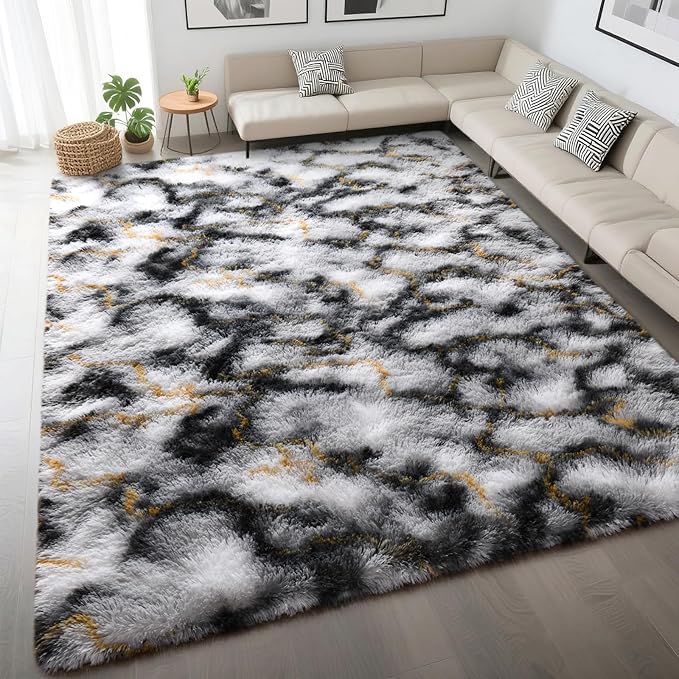 DweIke Fluffy Black White Gold Rugs for Bedroom Living Room, 6x9 Large Soft Plush Shaggy Tie-Dyed Girls Boys Kids Rug, Upgraded Non-Slip and Machine Washable Carpet for Dorm Nursery Classroom Decor