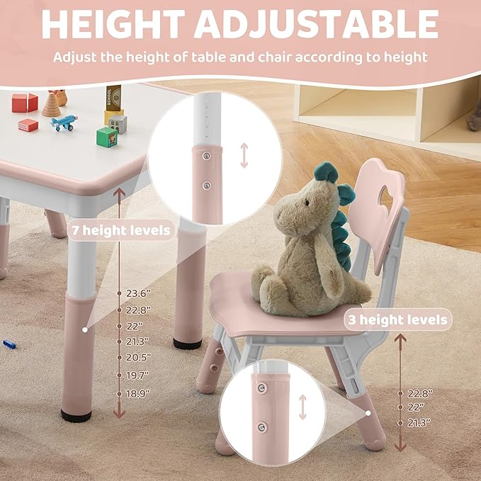 Adjustable Kids Table & Chairs Set for Ages 3-8 | 31.5"x23.6" Easy-Clean Activity Table | Meets ASTM/CPSC Standards for Daycare, Homeschool & Playroom (Pink, 4 Chairs)