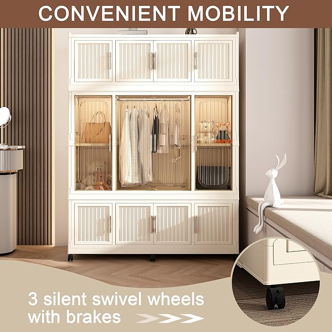 Kids Portable Wardrobe Closet Organizer with Magnetic Doors, 12 Cubes & 1 Hanging Rod, 6 PCS Hangers, Children's Plastic Wardrobe Closet for Bedroom Storage, Large Baby Wardrobe Storage Cabinet