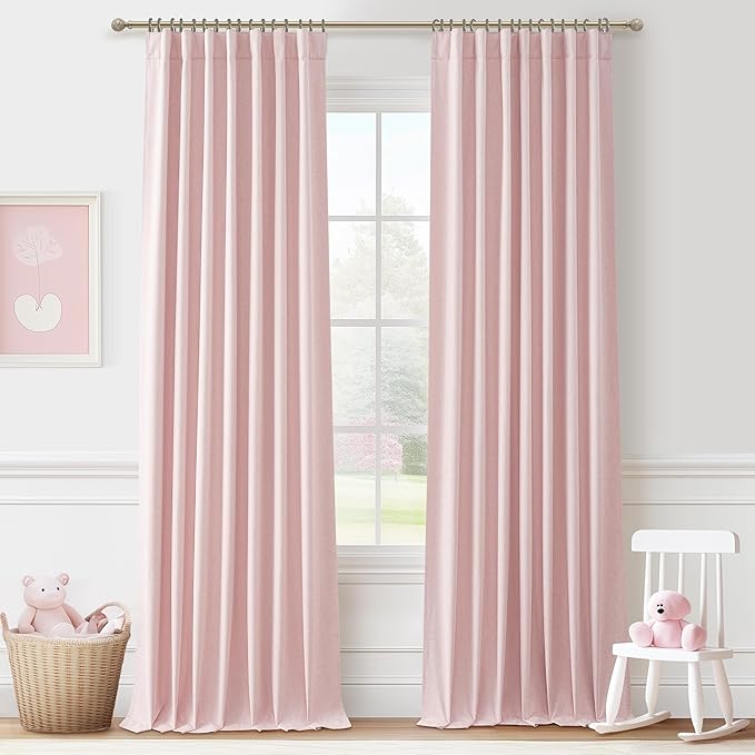 Pink Thick Linen Thermal Blackout Curtains 96 Inch Long for Winter Insulated, Pleated Elegant Living Room Curtain 2 Panels Set Privacy Decor Window Drapes 8 FT Length 2 Burg (Hooks Rings & Rod Pocket)