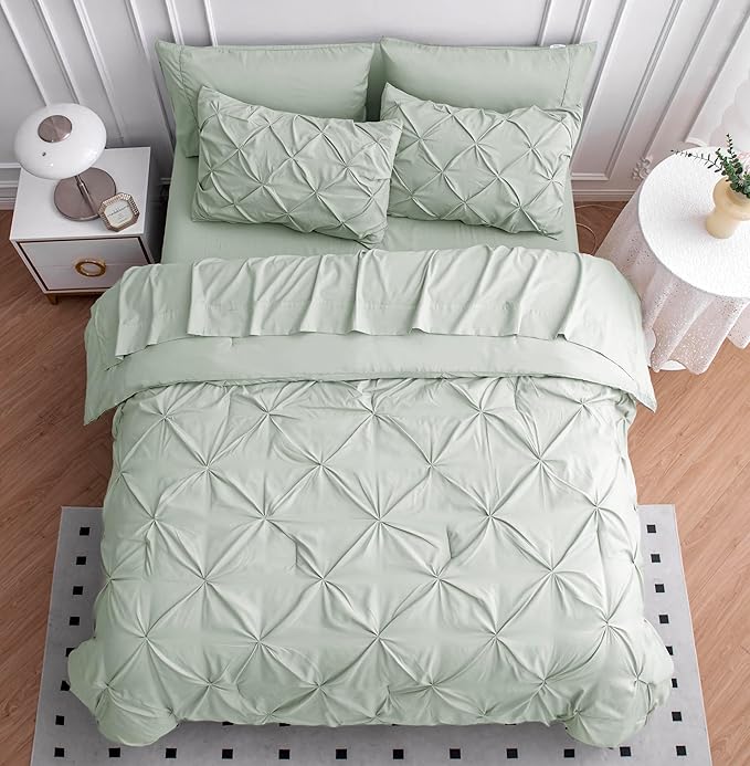 Lane Linen Twin Comforter Set, 5 Piece Bedding Set, Pintuck Bed in a Bag, Bedding Comforter Set with Sheets, Pillowcase & Sham, Mineral